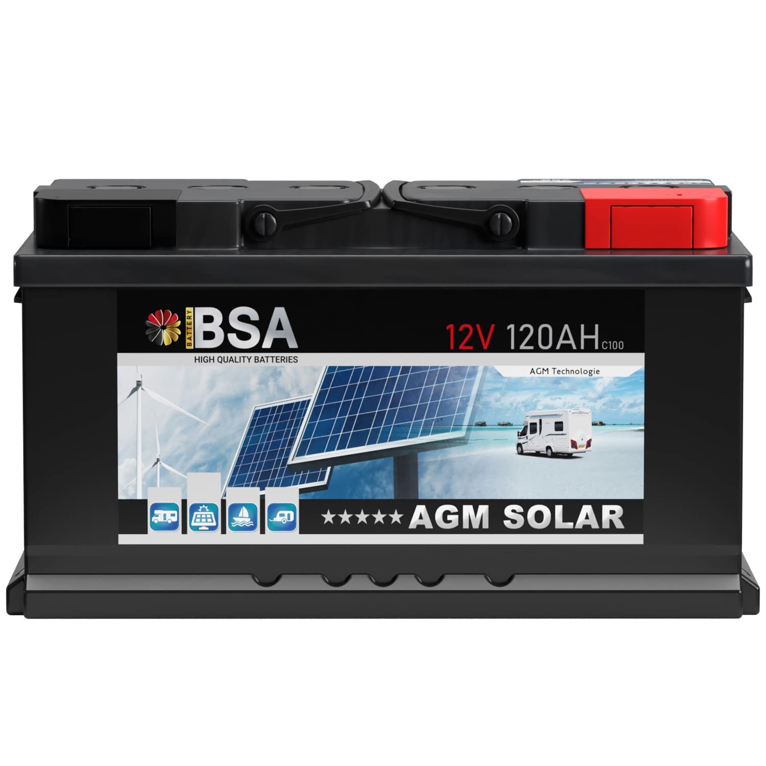 BSA AGM Batterie 120Ah 12V Solarbatterie Deep Cycle Wohnmobil Bootsbatterie zyklenfeste wartungsfreie VRLA Batterie ersetzt 100Ah 110Ah