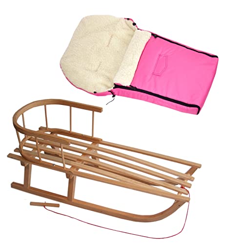 Kombi-Angebot Holz-Schlitten mit Rückenlehne & Zugseil + universaler Winterfußsack (90cm), auch geeignet für Babyschale, Kinderwagen, Buggy, Lammwolle Uni (pink + Schlitten)