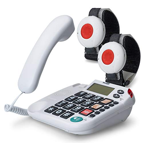 Maxcom KXTSOS: Seniorentelefon mit Funk-Notruf-Sender, schnurgebundenes Festnetztelefon mit Zwei Armbandsendern, großen Tasten, Adapterstecker, hörgerätekompatbel