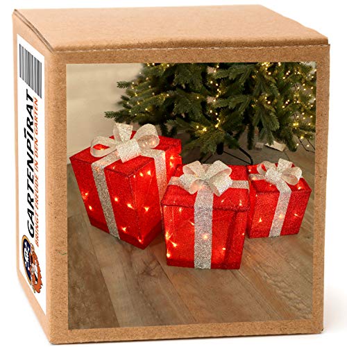 LED Geschenkboxen"Weihnachten", Deko-Set mit 3 Geschenpäckchen rot mit Schleife, Weihnachtsdeko für innen