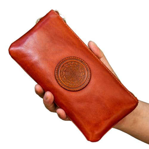 GHQYP Lässige horizontale Brieftasche, handgefertigte Rindsleder-Tasche, Vintage-Clutch, Langer Reißverschluss, Jugend, Familie, Freunde, Clutch