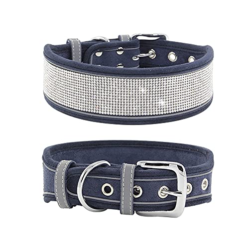 Strass-Hundehalsband, schillernd, funkelnd, weiches Wildleder, reflektierend, großes Hundehalsband, Kristall-Diamant-Halsband für mittelgroße und große Hunde (M: 38,1–48,3 cm, Marineblau)