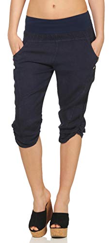 Malito Damen Hose aus Leinen | Stoffhose in Uni Farben | Freizeithose mit Knöpfen | Chino - Capri - Strandhose 7988 (dunkelblau, M)