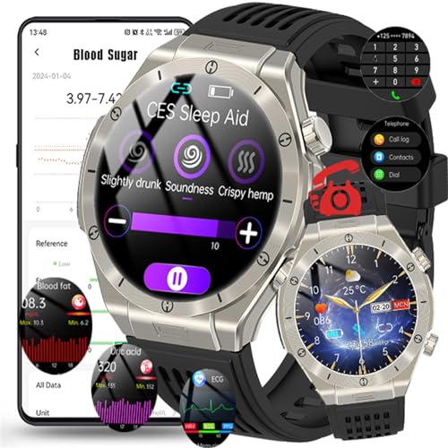 Fohatu 𝐄𝐂𝐆𝐏𝐏𝐆 Smartwatch 𝐛𝐥𝐮𝐭𝐳𝐮𝐜𝐤𝐞𝐫𝐛𝐥𝐮𝐭𝐳𝐮𝐜𝐤𝐞𝐫𝐦𝐞𝐬𝐬𝐮𝐧𝐠,Smartwatch Mit Bluetooth-Anrufe Blutfette Harnsäure Körpertemperatur Monitor,Silver