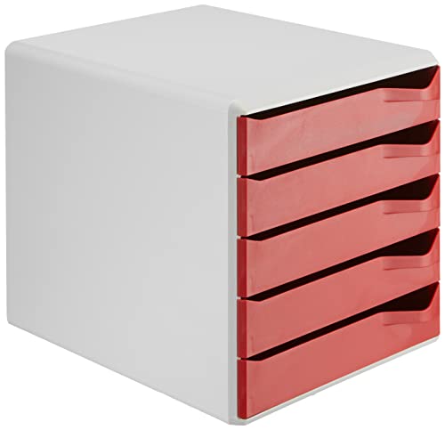 Leitz Post-Set mit 5 Schubladen, Schubladenset zur Aufbewahrung von Dokumenten und Büromaterialien, Grau/Rot, 52800025