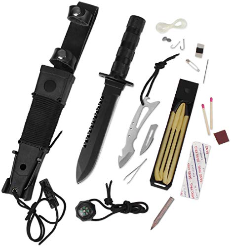 Storfisk fishing & more Survival Messer Gürtelmesser Outdoor Jagdmesser mit Kunststoffscheide, Multitool, Angelset, Nähset, Überlebensausrüstung