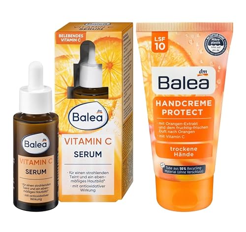 Balea 2er-Set Hautpflege: Serum VITAMIN C für einen strahlenden Teint & ein ebenmäßiges Hautbild (30 ml) + Handcreme PROTECT für trockene Hände mit Lichtschutzfaktor LSF 10 (75 ml), 105 ml