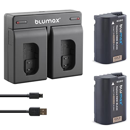 2X Blumax Akku ersetzt Panasonic DMW-BLK22 / DMW-BLK22E 2250mAh + Doppel-Ladegerät USB| komaptibel mit Panasonic Lumix DC S5 S5K G9 GH5 GH5 II GH5S