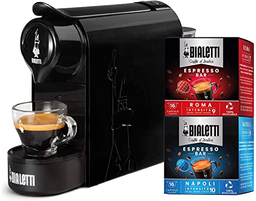 Bialetti Gioia, Espressomaschine für Kapseln aus Aluminium, inklusive 32 Kapseln, superkompakt, 500 ml, Schwarz