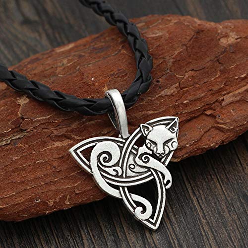 QZY Katze Auf Triquetra Keltische Halskette, Triple Horn Von Odin Anhänger - Wikinger Dreieck Irischen Anhänger Amulett Halskette Nordischen Mythos,Silverleatherchain
