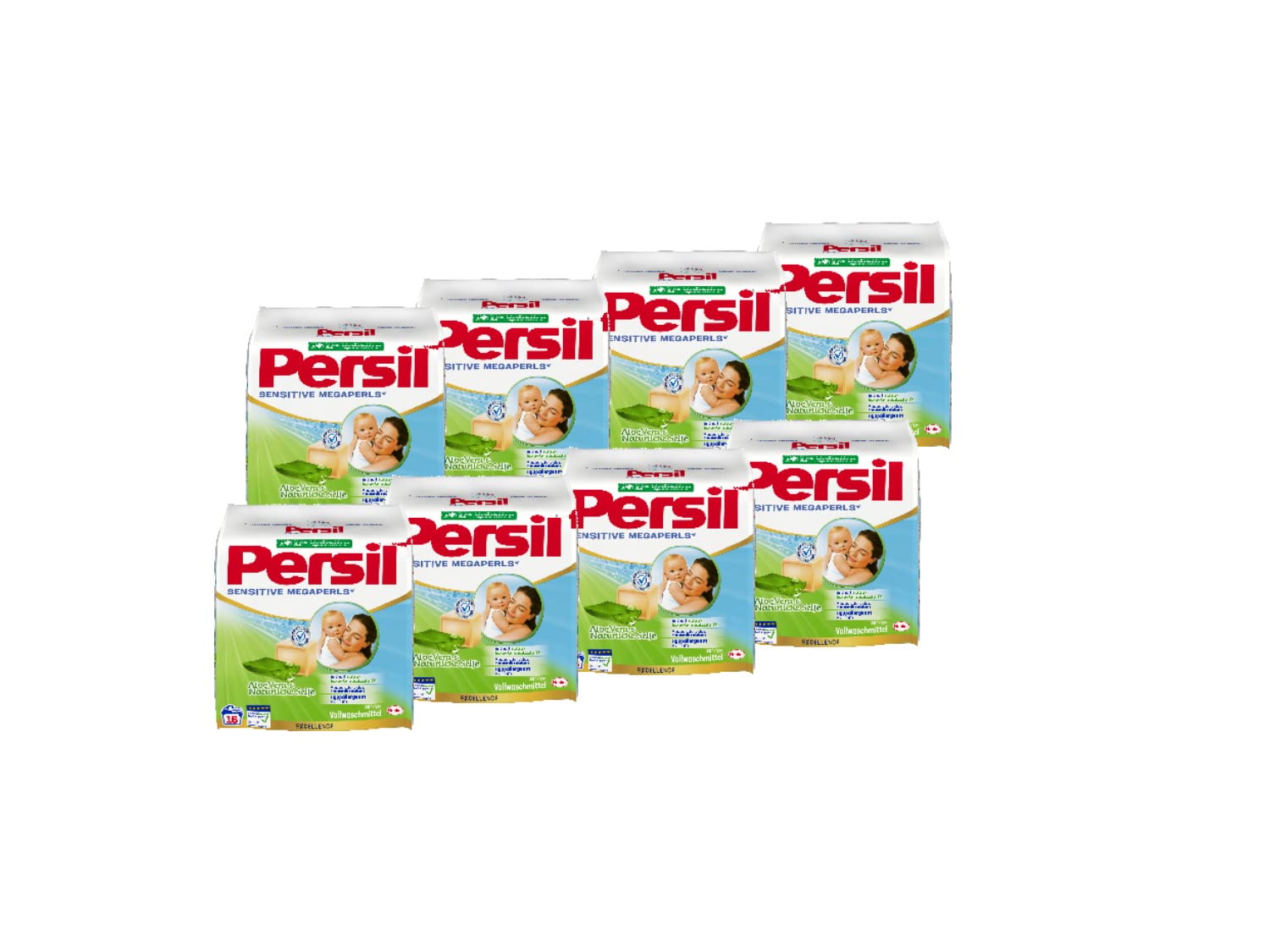 Persil Sensitive Megaperls 128 WL (8 x 16 Waschladungen), Waschmittel für Allergiker mit beruhigender Aloe vera für sensible Haut, effektiv von 20 °C bis 95 °C, ECARF-zertifiziert