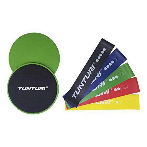 Tunturi Fitnessset mit 5 Widerstandsbänder verschiedener Stärken und 2 Core Sliders für Teppich und Hartböden, Gleitscheiben und Fitnessbänder für Yoga, Pilates, Krafttraining
