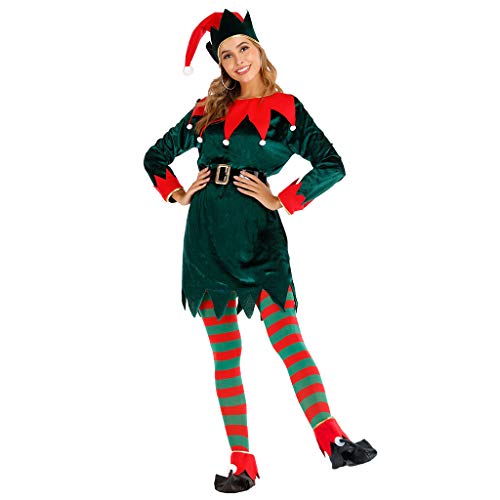 EraSpooky Damen Weihnachten Elfe Kostüm Faschingskostüme mit Hut Strumpf Überschuh Gürtel Cosplay Party Karneval Fastnacht Kleid für Erwachsene