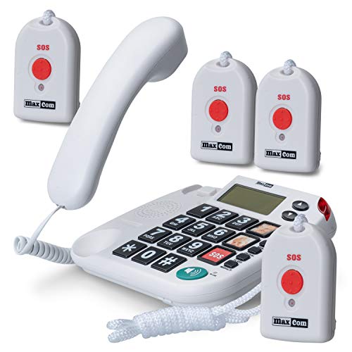 Maxcom KXT481SOS: Seniorentelefon mit Funk Notruf Sender und großen Tasten extra laut; schnurgebundenes Festnetztelefon mit 4X Notrufknopf Hausnotruf für Senioren