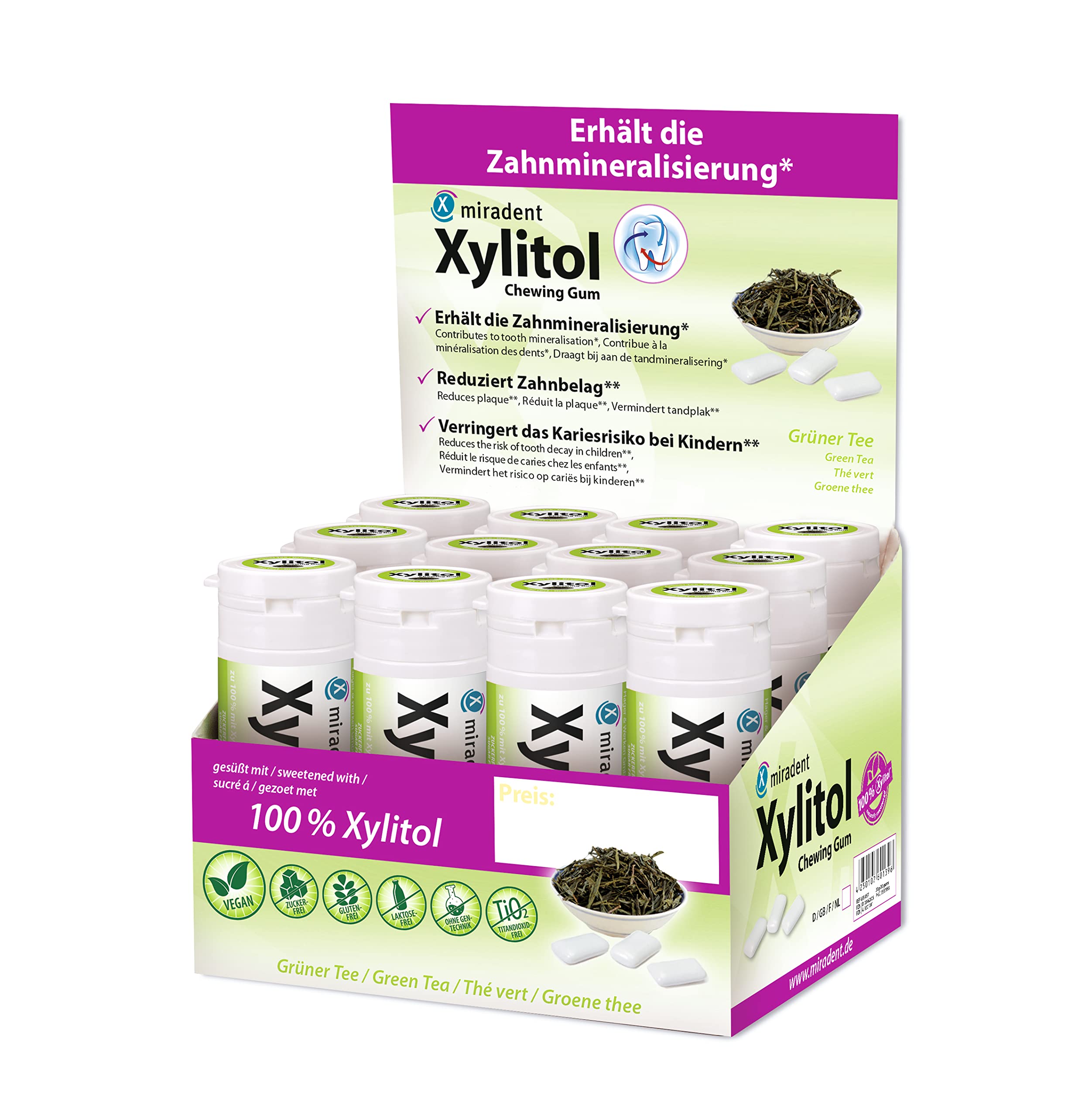 miradent Xylitol Zahnpflegekaugummi Grüner Tee Display 12 St. | erfrischender Geschmack | zuckerfrei | vegan | kariespräventiv | ohne Aspartam, Sorbitol, Laktose, Titanium Dioxid | für unterwegs
