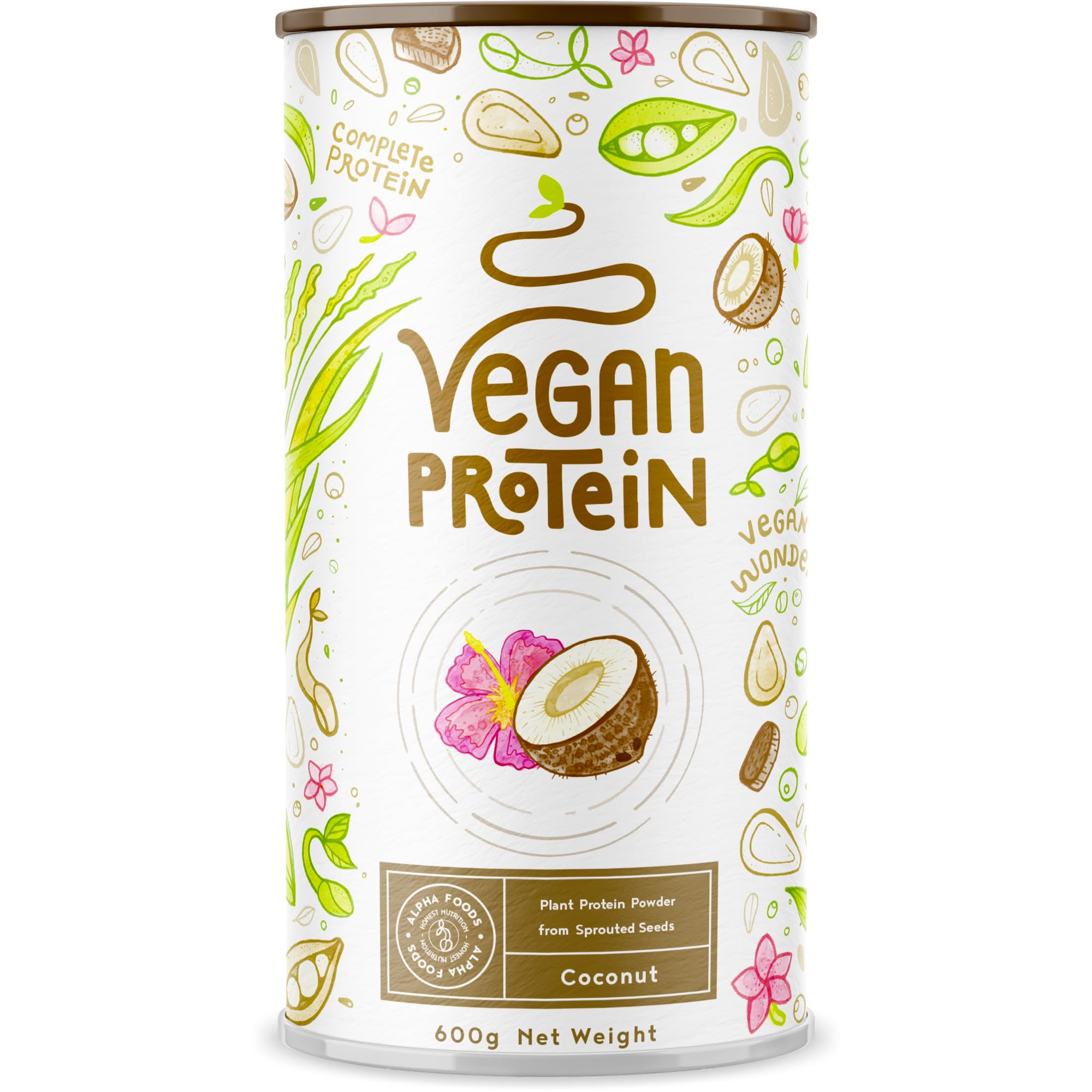 Vegan Protein - KOKOS - Pflanzliches Proteinpulver aus gesprossten Reis, Erbsen, Sojabohnen, Leinsamen, Amaranth, Sonnenblumen- und Kürbiskernen - 600 Gramm Pulver