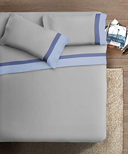 Bettwäsche-Set mit Doppel-Rüschen, aus Baumwolle, für Doppelbett, Satin, hellblau/Jeans, Unterseite Grau