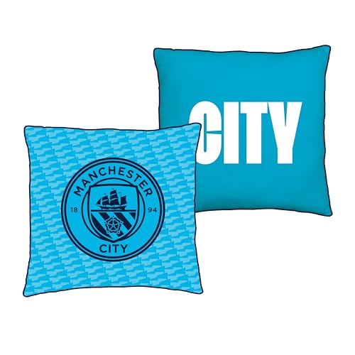 CHARACTER WORLD Offizielles Manchester City FC Kissen, superweich, wendbar, 2-seitig, Fußballclub-Wappen-Design, perfekt für jedes Schlafzimmer, Sofa oder auf dem Bett, 40 cm x 40 cm, Blau