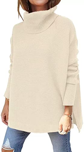 Womens Turtleneck Oversized Tunic Fall Sweaters 2022 Long Batwing Sleeve Spilt Hem Pullover Knit Sweater Tops (apricot,M)