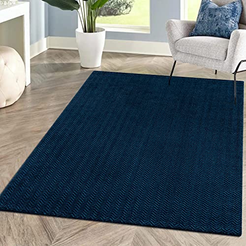 Teppich Einfarbig Blau Wohnzimmer - Rechteckig 140x200 cm - Hochtief-Chevron-Muster, 3D-Effekt - Kurzflor Teppiche Modern - Deko Home&Living