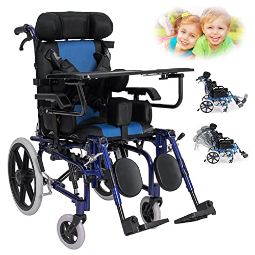 Bueuwe Rollstuhl für Kinder, Multifunktionaler Rollstuhl Faltbar Leicht Pflegerollstuhl, Rollstühle für Behinderte und Senioren, Verschiedene Einstellbare Einstellungen, Aluminium,Child