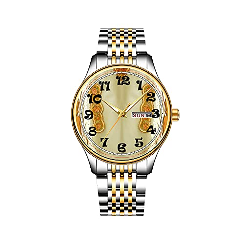 Uhren Herrenmode Japanische Quarz Datum Edelstahl Armband Gold Uhr Golden und Tan Chap und Fringe Leder Design Armbanduhren