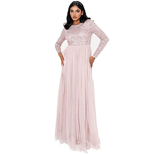 Maya Deluxe Women's Frosted Pink Embellished Long Sleeve Maxi Bridesmaid Dress, 34