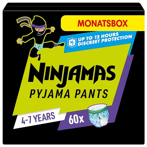 Ninjamas Nachthöschen / Höschenwindeln für Jungs (17-30kg), 60 Pyjama Höschen, 4-7 Jahre, MONATSBOX, absorbierende Windelhöschen, Auslaufschutz für die ganze Nacht