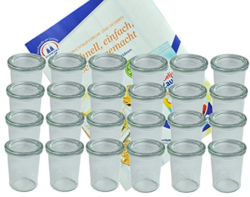 MamboCat 24er Set Weck Gläser 160 ml Sturzgläser mit 24 Glasdeckeln incl. Diamant-Zucker Gelierzauber Rezeptheft