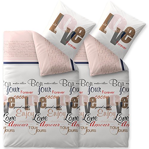 CelinaTex Touchme Biber Bettwäsche 135 x 200 cm 4teilig Baumwolle Bettbezug Jana Wörter Streifen weiß rosa braun