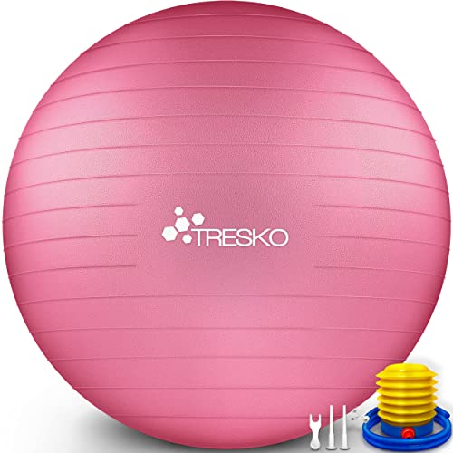 TRESKO Gymnastikball mit GRATIS Übungsposter inkl. Luftpumpe - Yogaball BPA-Frei | Sitzball Büro | Anti-Burst | 300 kg,Rosa,55cm (für Körpergröße unter 155cm)