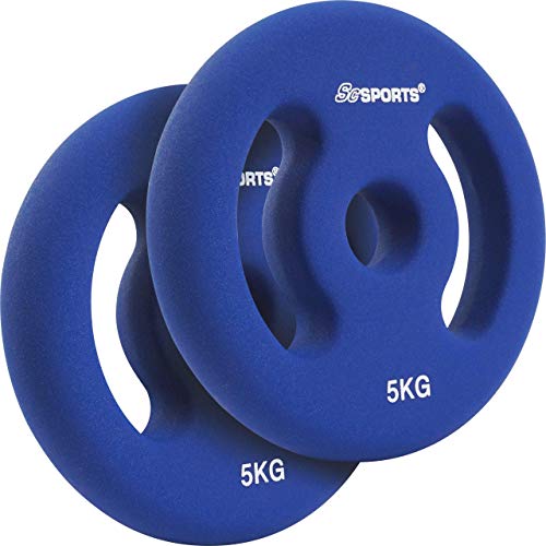 ScSPORTS Hantelscheiben Neopren mit Griffen, 10 kg Set: 2 x 5 kg, Guss Gewichte, 30/31 mm Bohrung, Blau