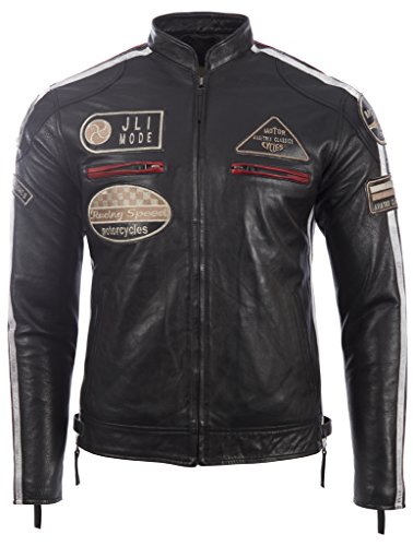 Herren echtes Leder Bikerjacke mit Bandkragen und Rennabzeichen von MDK, Schwarz, S