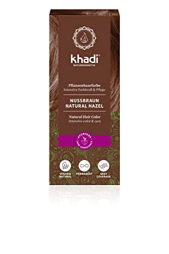 khadi NUSSBRAUN Pflanzenhaarfarbe, Haarfarbe für glänzendes Nussbraun bis zu sattem Schokoladenbraun, Naturhaarfarbe 100% pflanzlich, natürlich & vegan, Zertifizierte Naturkosmetik, 100g