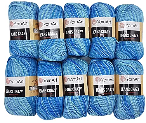 10 x 50g Strickwolle YarnArt Jeans Crazy mit 55% Baumwolle, 500 Gramm Wolle mit Farbverlauf mehrfarbig (blau türkis mint 8212)