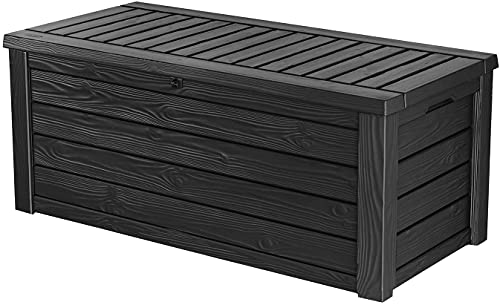 Ondis24 Keter Westwood Aufbewahrungsbox für Terrassenmöbel aus Kunststoff anthrazit Auflagenbox Gartenbox anthrazit 568 Liter Holz Optik mit Gasdruckfedern ca. 154.9 x 72.4 x 64.5 cm