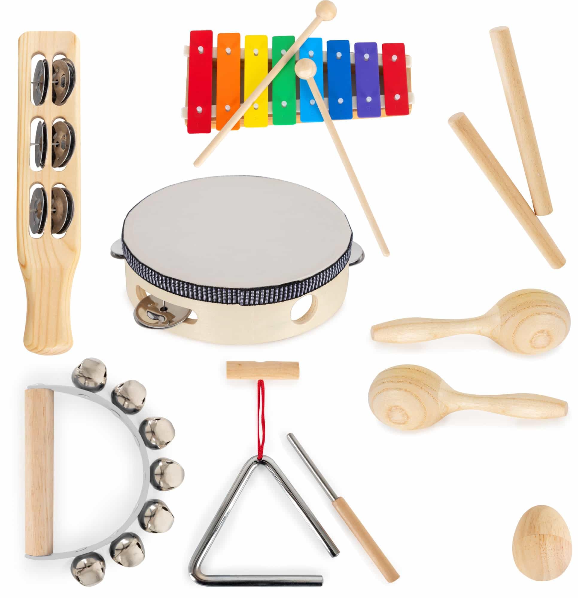 Classic Cantabile Kinder-Percussion Set - 13-Teiliges Percussion Set mit Glockenspiel, Tambourin aus Holz, Maracas, Triangel und Egg-Shaker - Ideal für Kindergarten und Musikalische Früherziehung