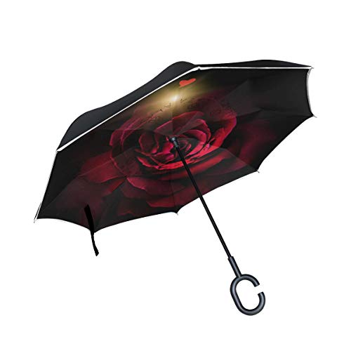 isaoa Große Schirm Regenschirm Winddicht Doppelschichtige Konstruktion seitenverkehrt Faltbarer Regenschirm für Auto Regen Außeneinsatz, C-förmigem Henkel hinhängen Love Herz rot Rosen Regenschirm