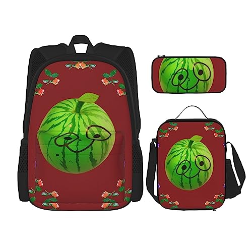 PartyUnix Big Eye Wassermelone Prints Rucksack 3-teilig Schulranzen mit Lunchbox und Federmäppchen Set - Geeignet für Jungen und Mädchen, Schwarz , Einheitsgröße, Kinderrucksack