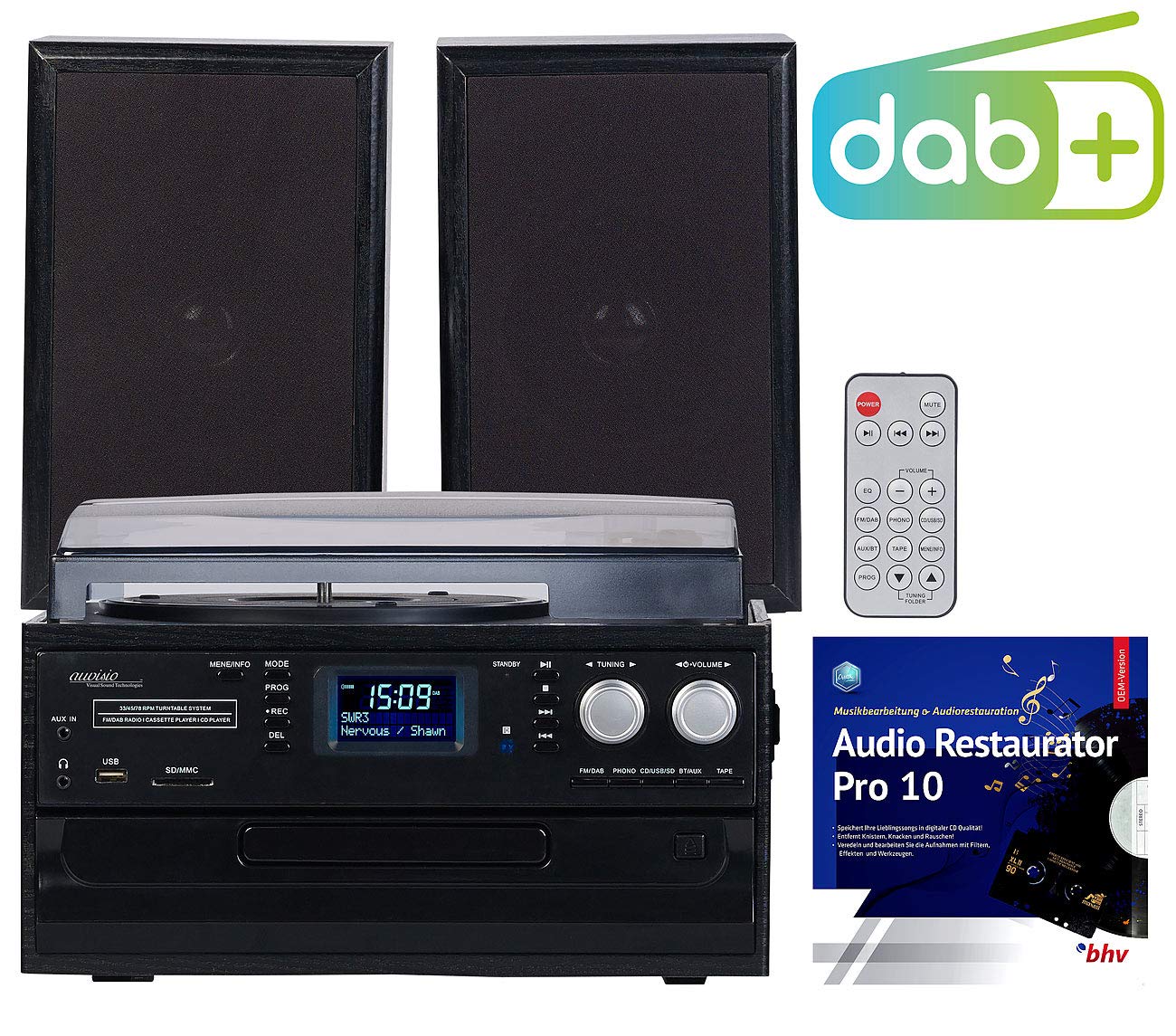 auvisio Stereoanlage: 5in1-Plattenspieler mit DAB+/FM-Radio, Bluetooth, CD/Kassetten-Player (Musikanlage mit Plattenspieler, Kompaktanlage mit Plattenspieler, microSDHC Speicherkarten)