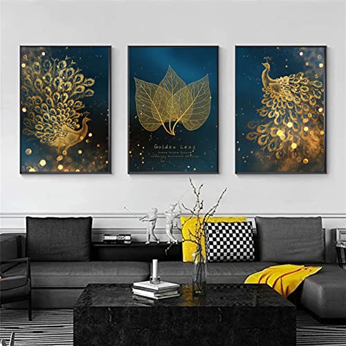 CULASIGN 3er Set Design-Poster Wandbilder, Goldene Blätter Pfau Poster Set, Ohne Rahmen, Wandbild Print Bilder Kunstposter Deko, Wanddeko Wohnzimmer (60x80cm)