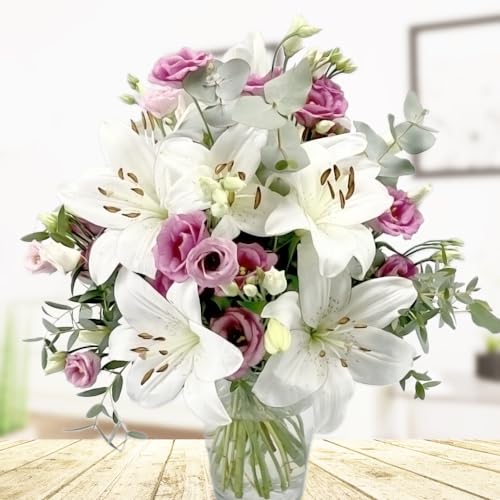 Die besten Wünsche - Strauß mit weißen Lilien und rosa Lysianthus
