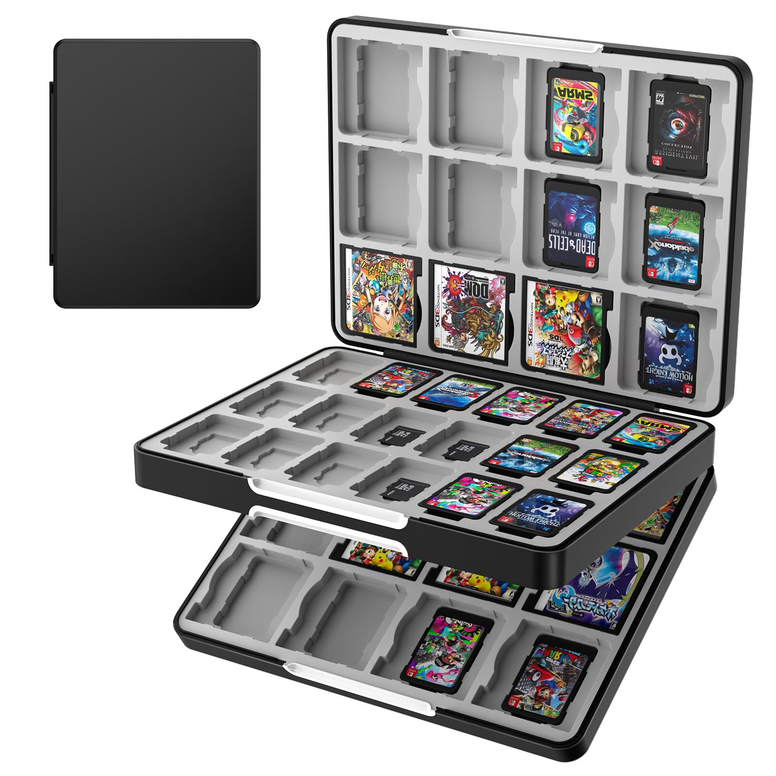 TiMOVO 60 Spielkarten Hülle für Switch OLED/Switch, 60 Fächer Switch Spielehalter für 24 3DS/3DSXL/DS/DSi Karten & 60 Switch & 36 SD Karten, 3 in 1 Tragbare Spiele Aufbewahrungsbox, Schwarz & Grau
