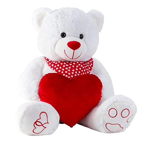 Geschenkestadl XXL Teddybär mit Herz und Halstuch Kuscheltier Bär Weiß 100 cm Plüschbär