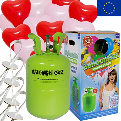 Helium Ballongas + Herzballons + Öko-Ballonbänder | 30er Heliumflasche + Knickventil + 16 Herz Luftballons + 50 Bänder | Herzen Geburtstag Party Hochzeit, Edition: Set mit 16 rot-weißen Herzen