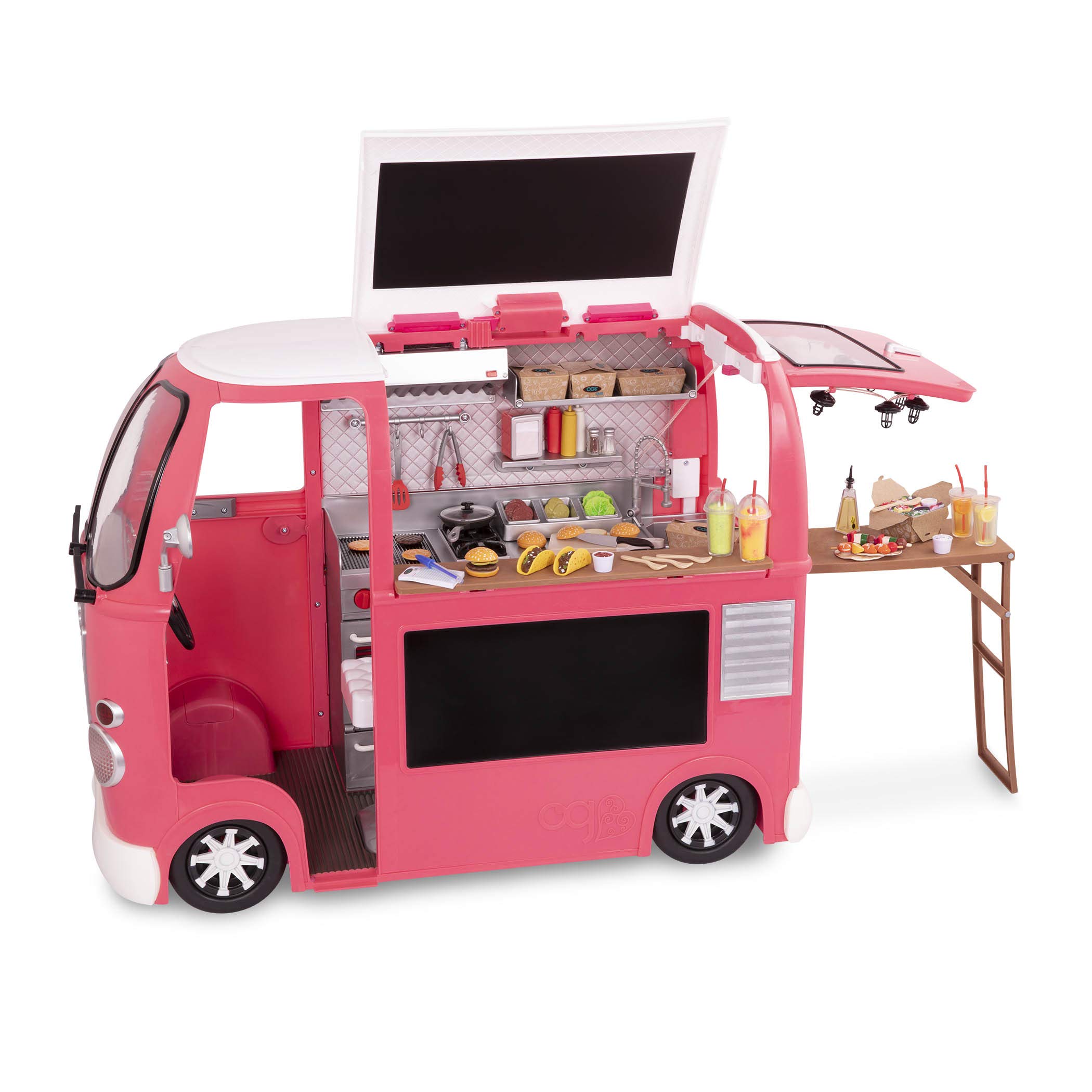 Our Generation – Fahrzeug-Spielset – Küche & Kochecke – 46 cm Puppenzubehör – Spielzeug-Essen – Spielzeug für Kinder ab 3 Jahren – Food Truck pink