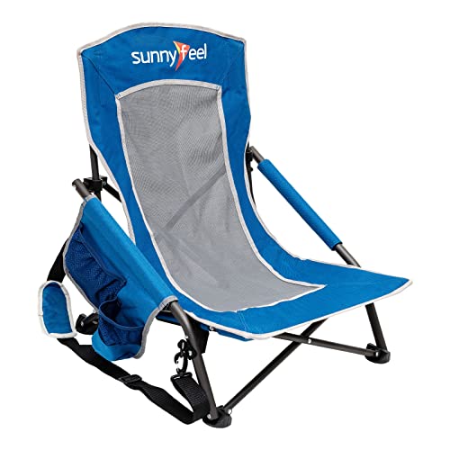 SUNNYFEEL klappbarer Strandstuhl mit Niedrigen Stuhlbeinen, leichte Campingstühle mit Netzrückenlehne, Faltstühle mit Tragetasche für den Urlaub und Outdoor (Blau)