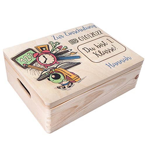 Creative Deco Personalisiert Holzkiste Außerirdischer/UFO Motiv für Geschenkkiste zur Einschulung | 40x30x14 cm (+/-1cm) | Groß Erinnerungsbox Geschenk Spielzeugkiste Holzbox mit Deckel Gravur