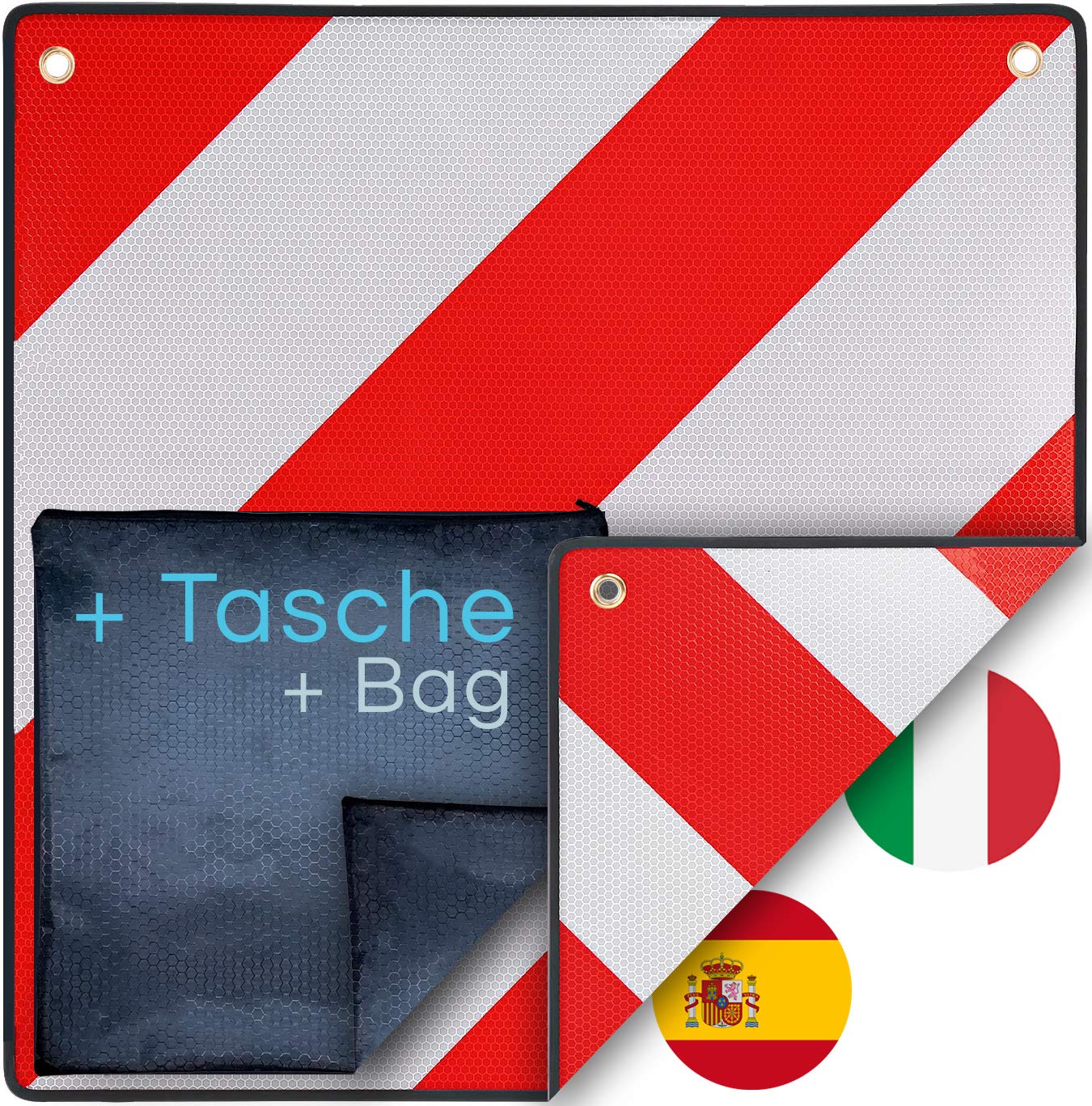 PLANGER® - Warntafel Italien und Spanien + Tasche 2in1 (50 x 50 cm) - Reflektierendes Warnschild rot weiß für Heckträger u Fahrradträger