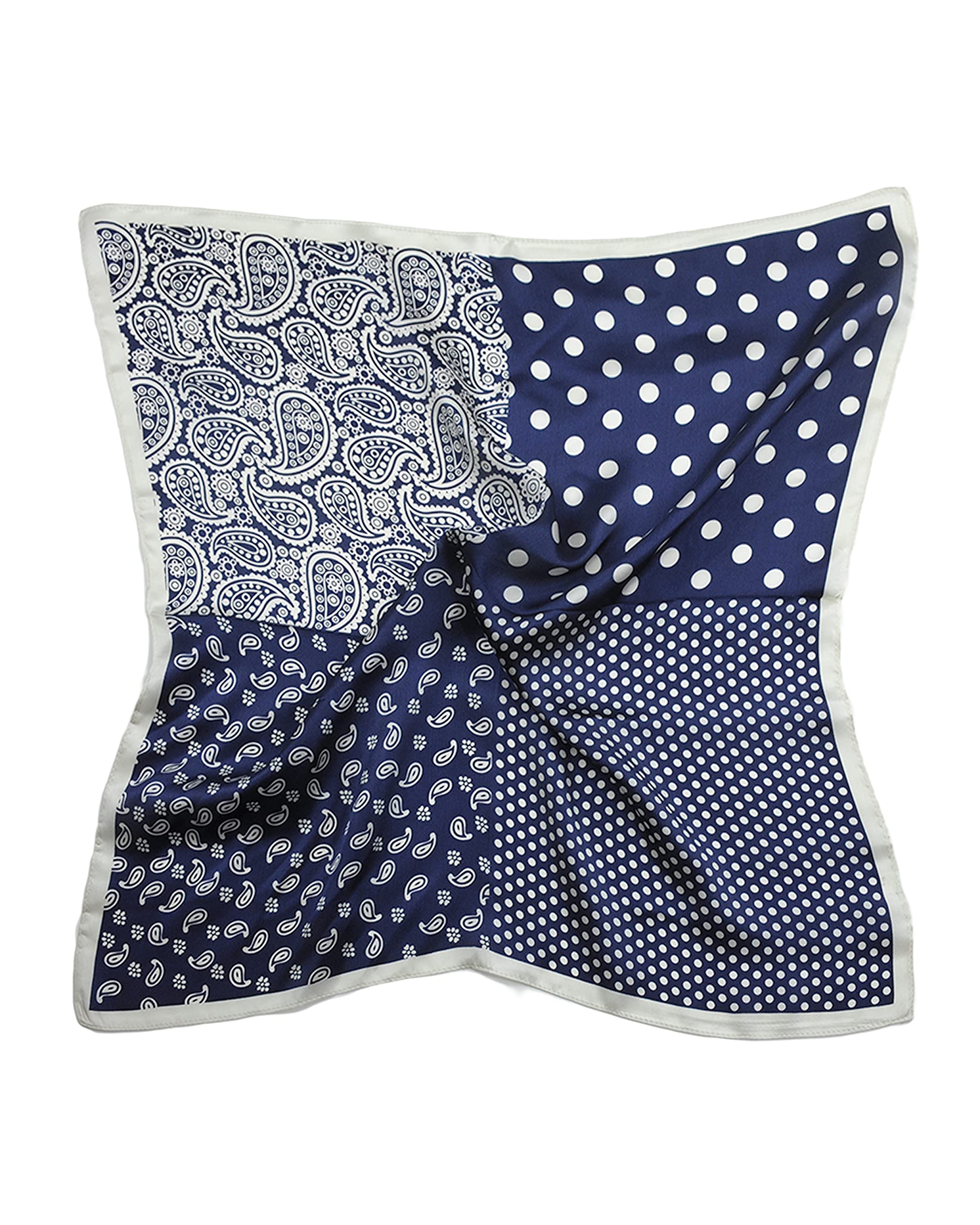 MayTree Seidentuch, buntes Halstuch für Damen aus 100% Maulbeer-Seide, quadratisch Punkte Paisley Mix 53x53 dunkelblau weiss